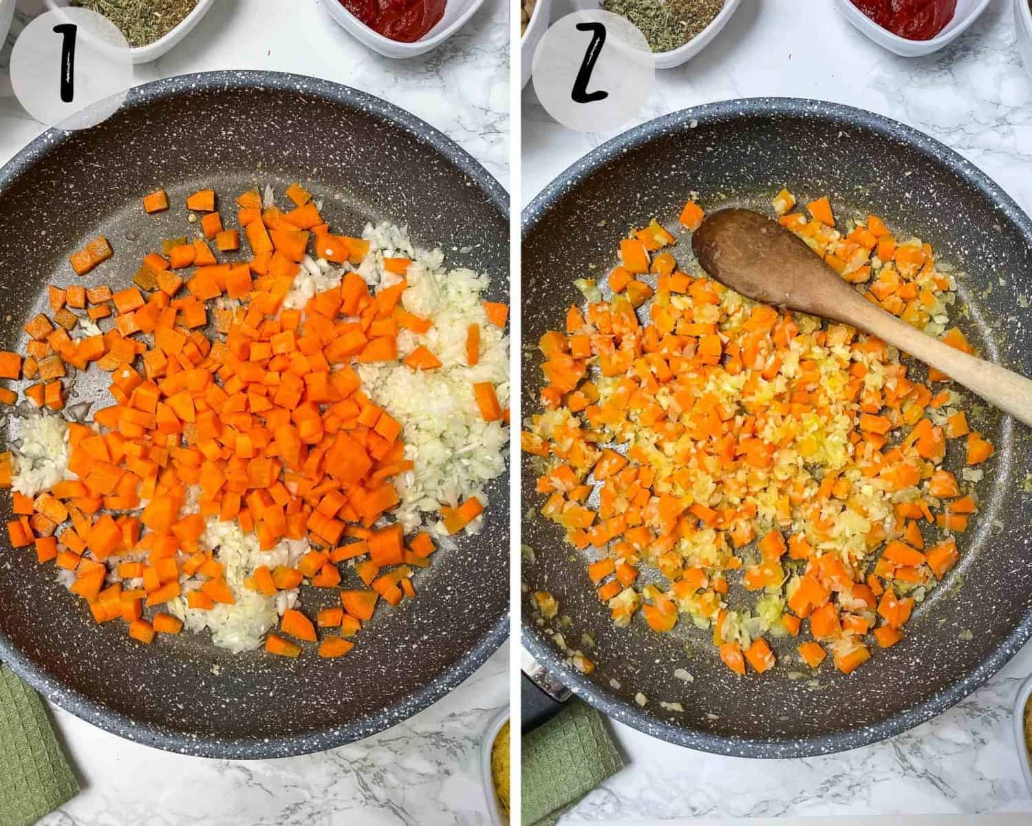 skillet with onion, garlic and chopped carrot
