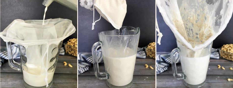 pitcher with nut milk bag inside and milk straining through