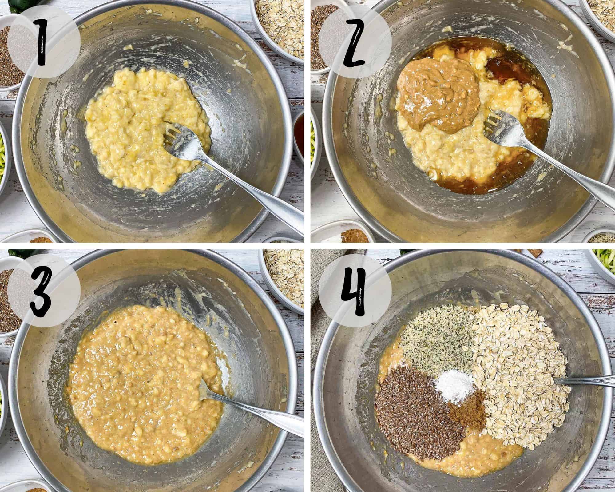 4 images in collage of cookie batter being mixed together