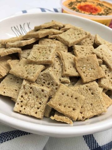 white bean protein crackers close up in bowl