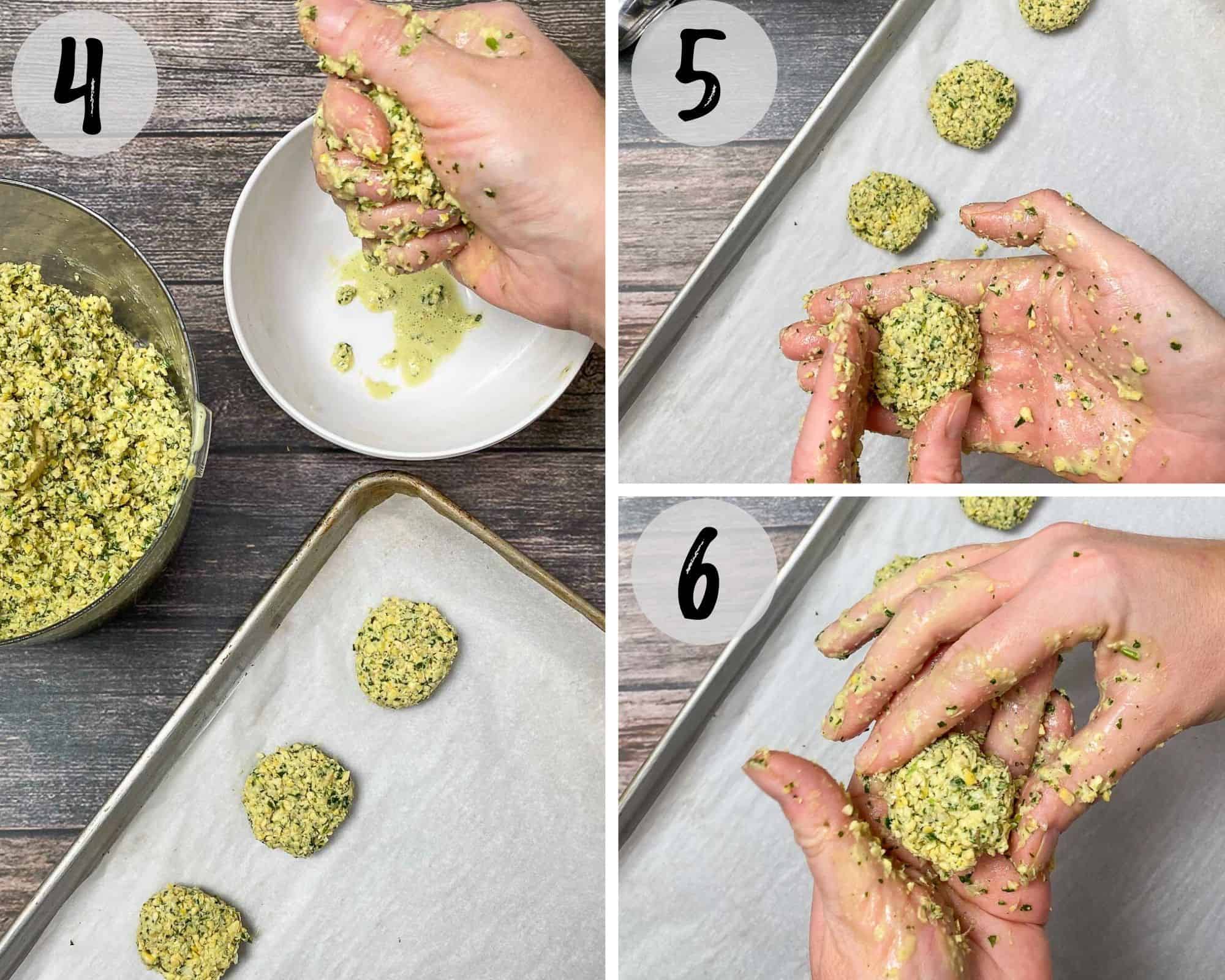forming falafel into nugget shapes and placing them down on baking tray