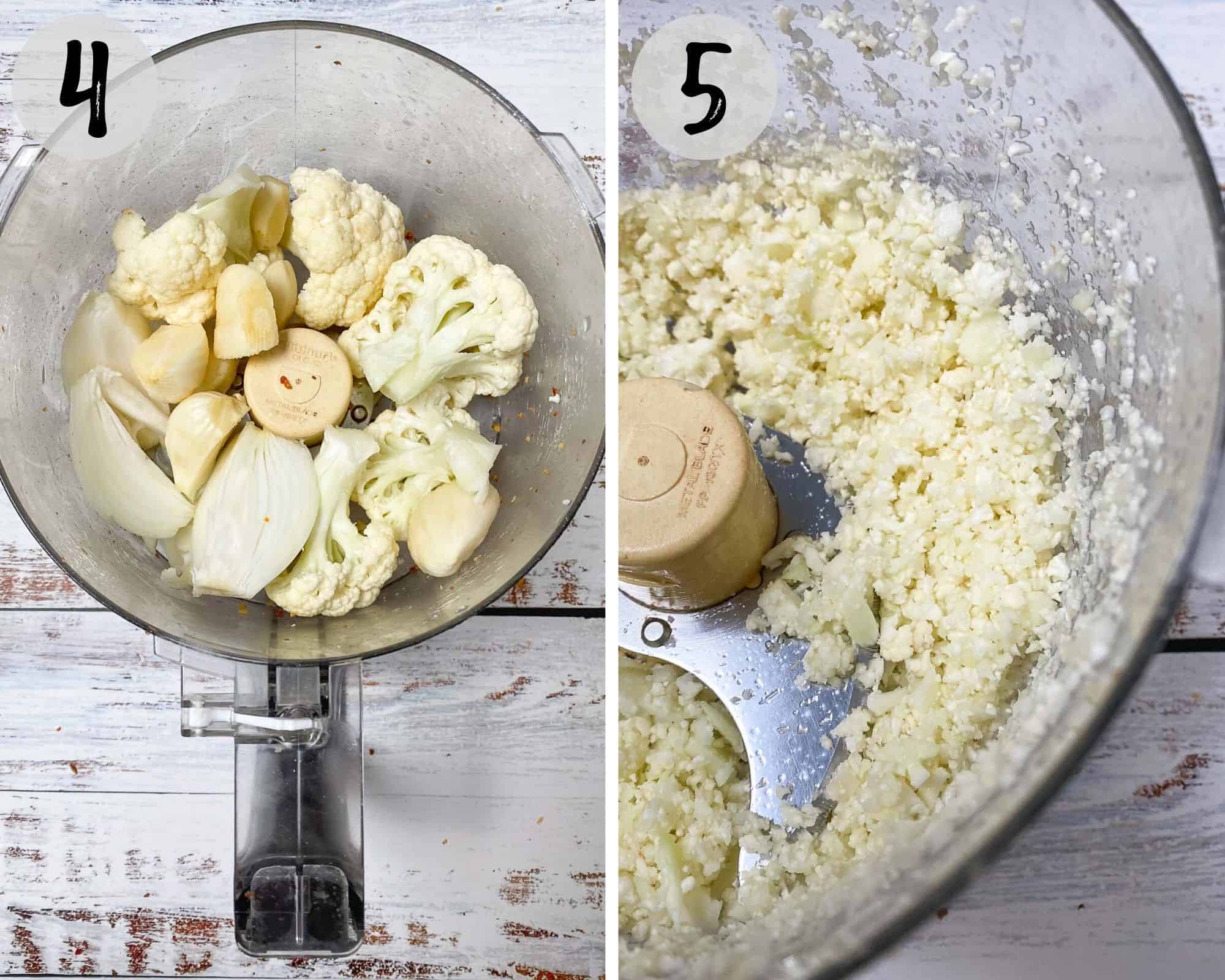 cauliflower, onion and garlic in food processor