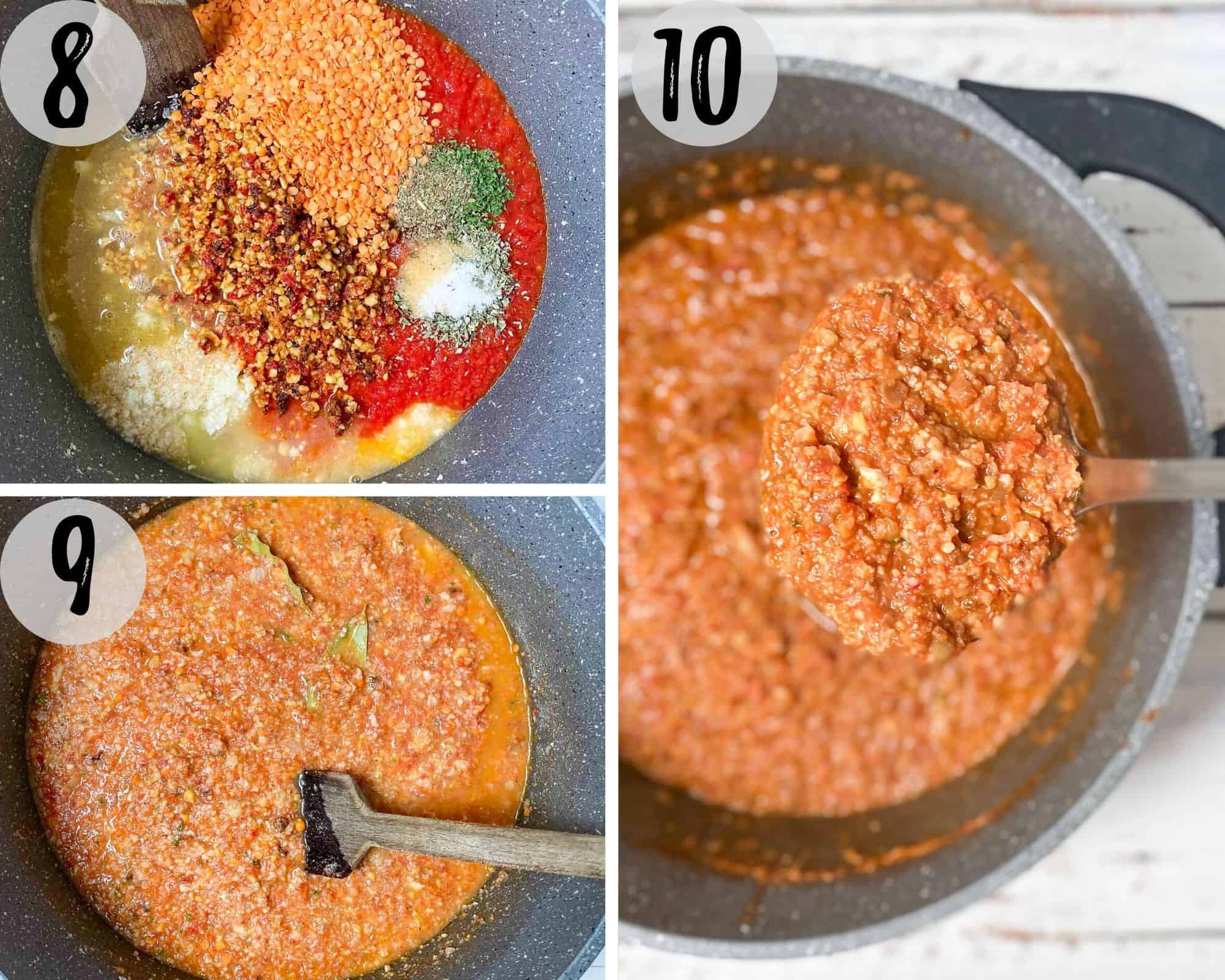vegetable crumbles, sauce, lentils and seasoning in large sauce pot to make bolognese sauce