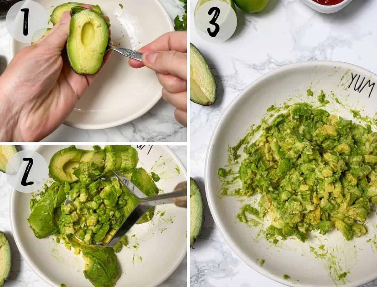 scooping avocado out from their skins and mashing them