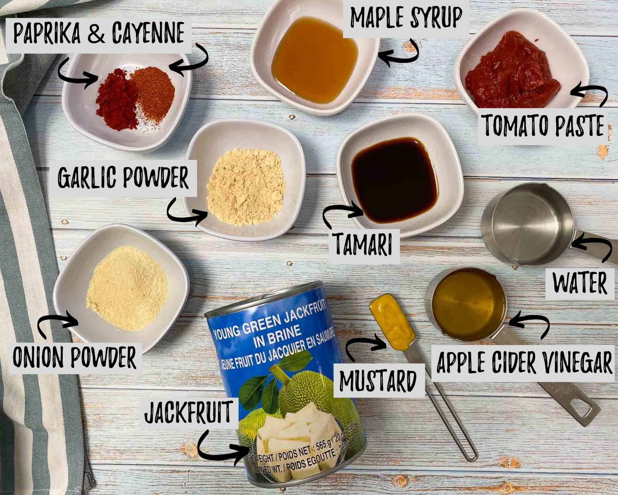 ingredients to make pulled jackfruit nachos in smalls bowls