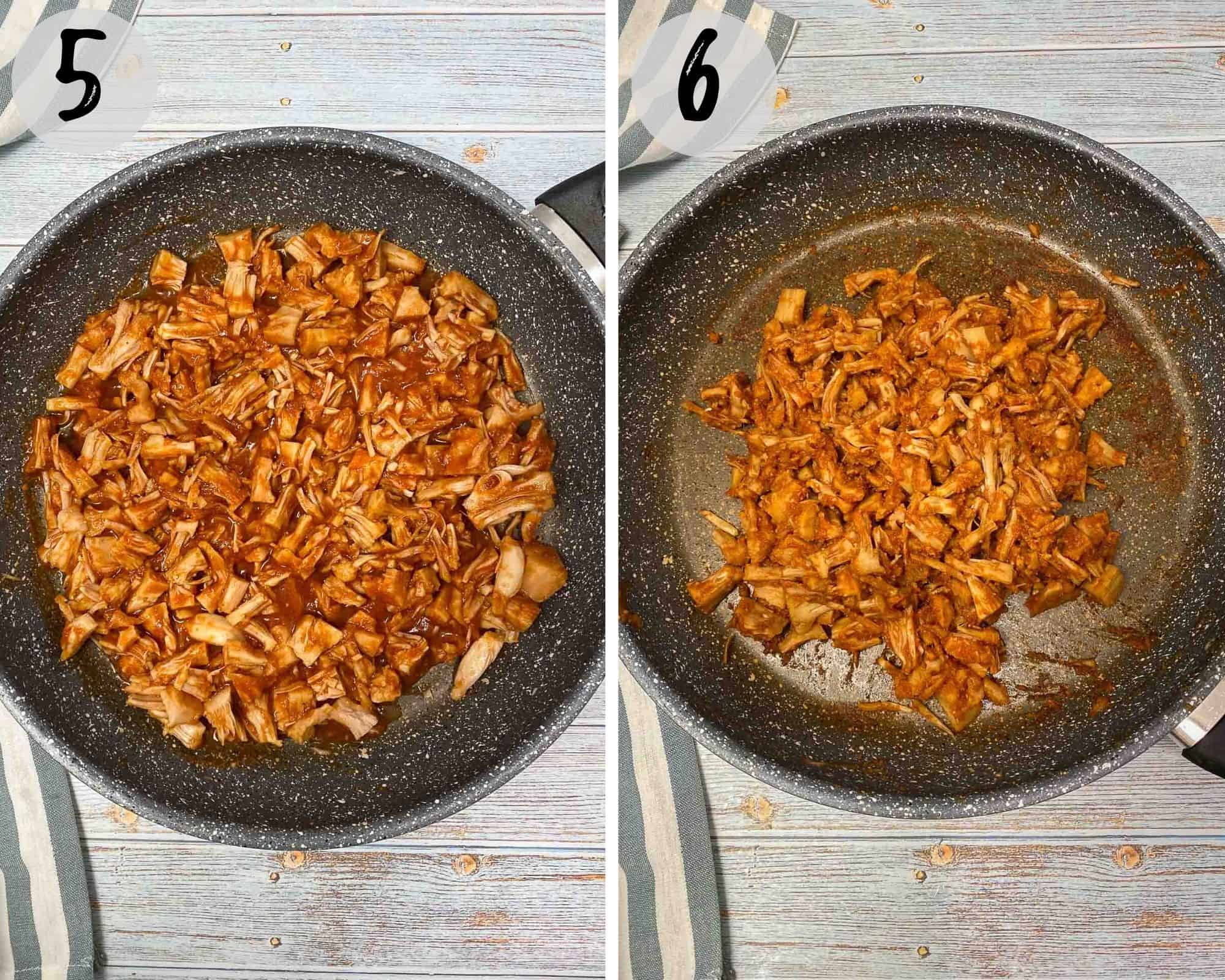 jackfruit cooking in large skillet with bbq sauce