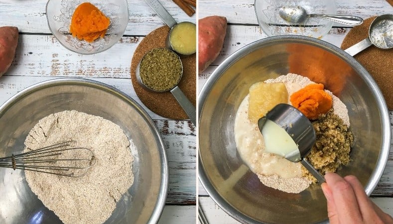 whisking ingredients for quinoa sweet potato muffins