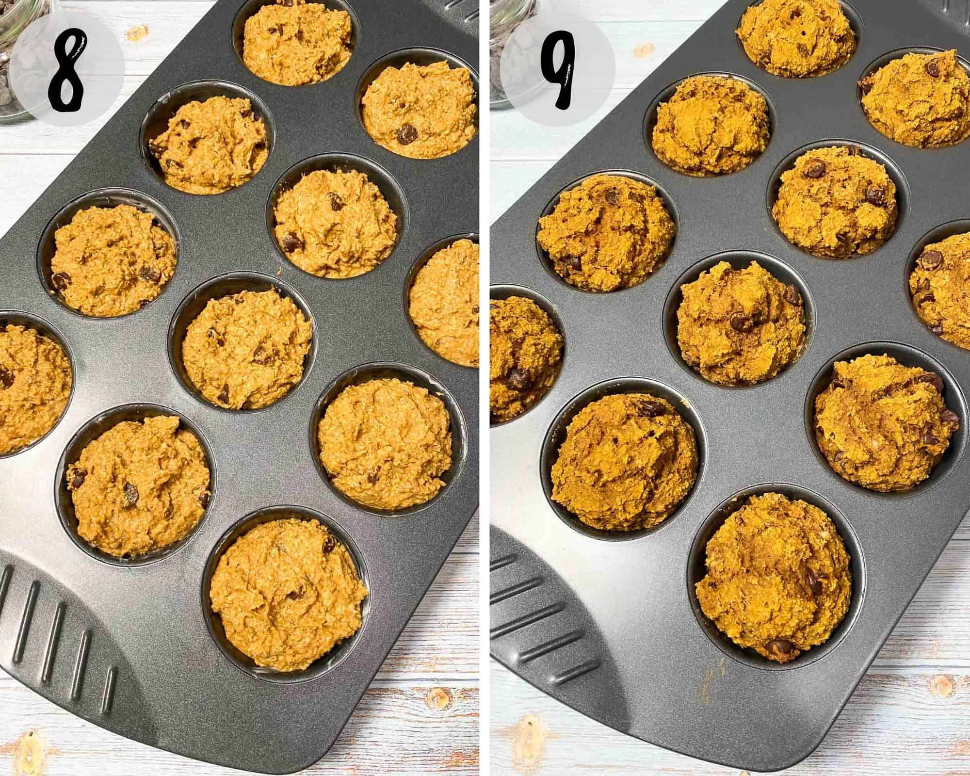 tray of muffins before and after baking