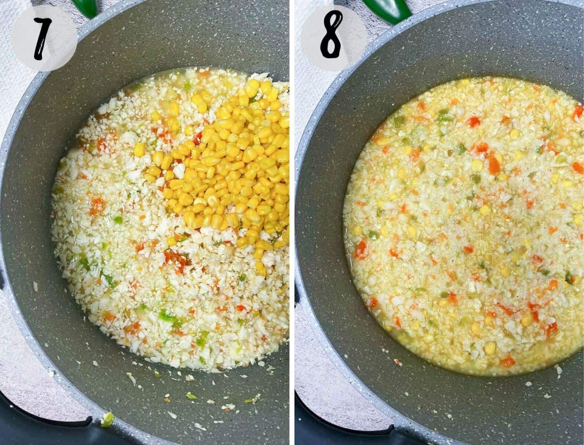 pot of soup with corn, cauliflower, red pepper and jalapeno
