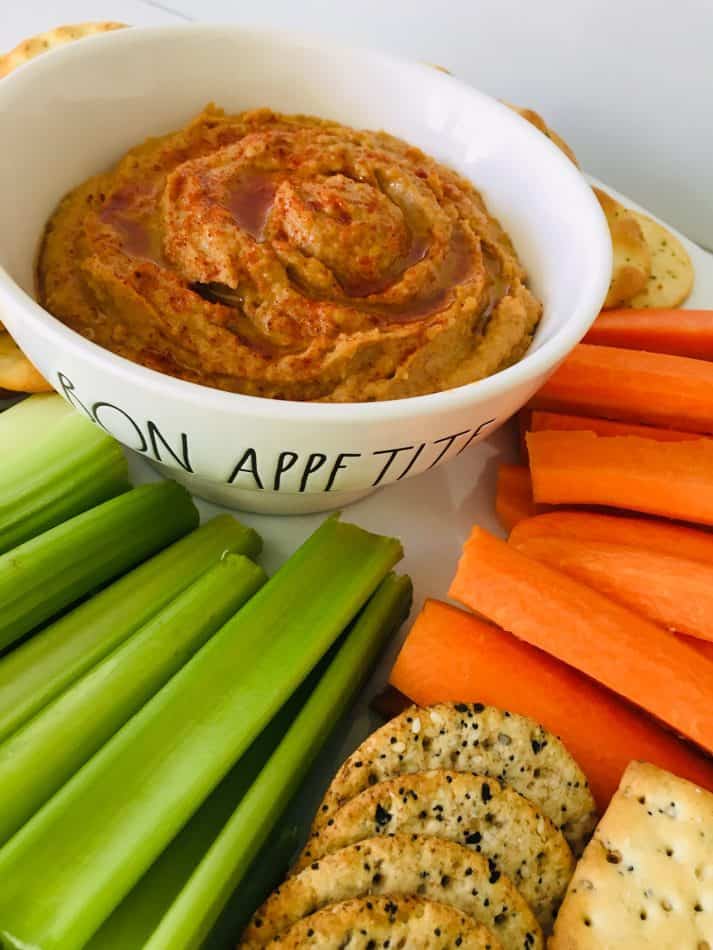peanut butter hummus with carrots, celery, crackers