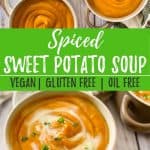 Spiced Sweet Potato Soup PIN with text overlay.