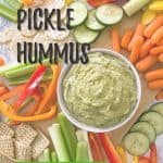 dill pickle hummus PIN with text overlay.