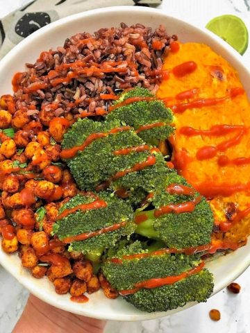 chili lime chickpeas in buddha bowl with broccoli, sweet potato and wild rice blend
