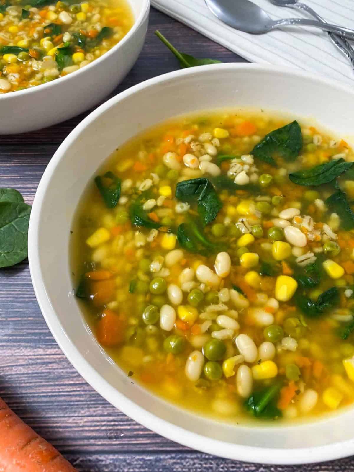 big bowl of soup with barley, beans, spinach, carrots, corn