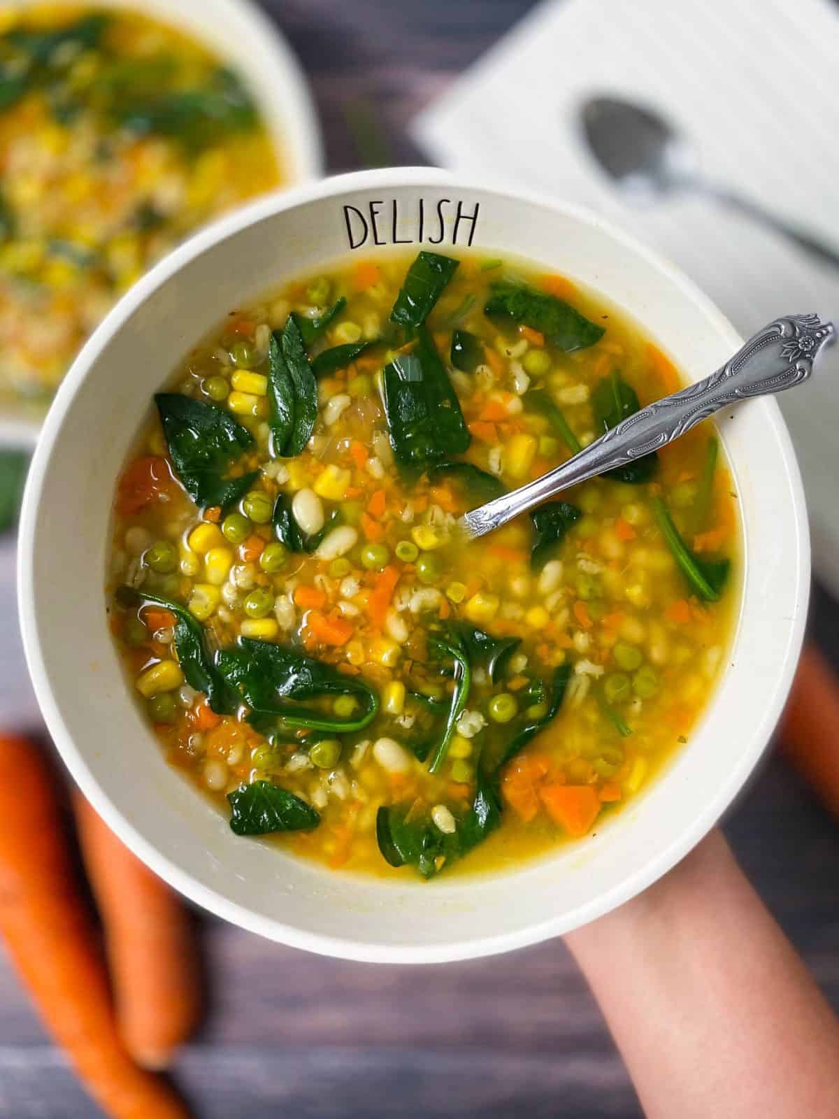 bowl of vegetable, barley and bean soup with spoon inside