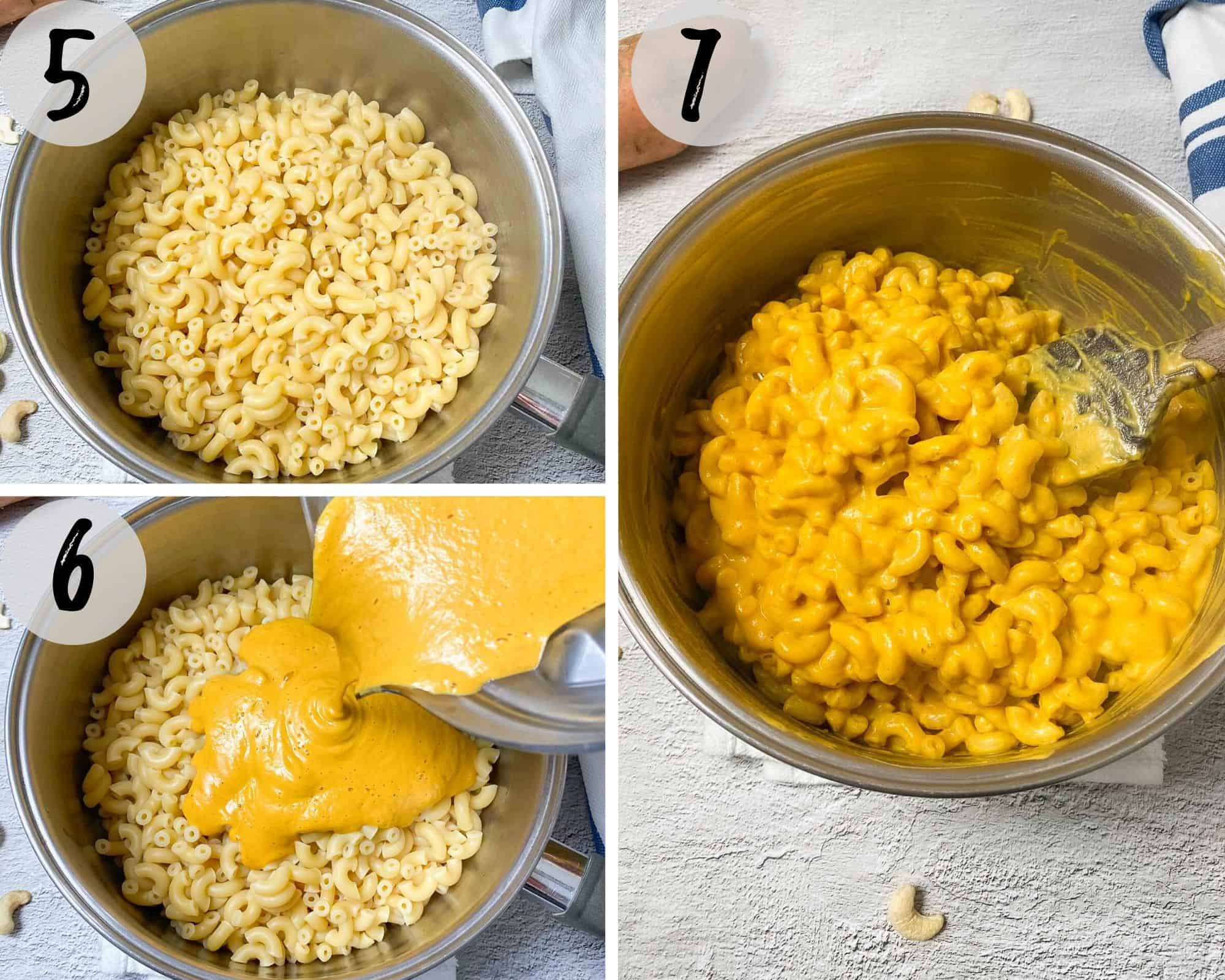 cooked macaroni pasta in pot and pouring cheese sauce on top=