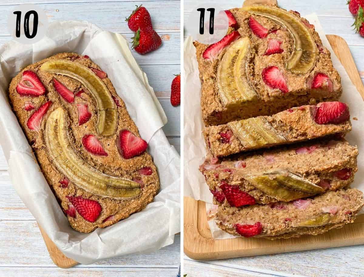 baked banana strawberry bread in loaf pan and then sliced