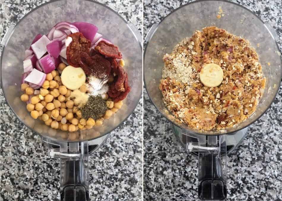 chickpeas, onion, sun dried tomato and herbs in food processor