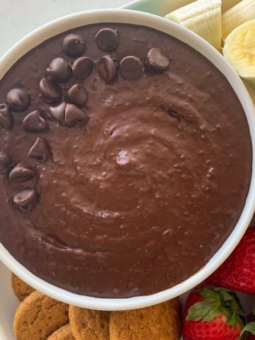 White bowl filled with chocolate hummus and chocolate chips on top.