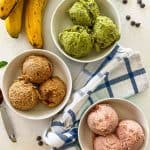 Three bowls of vegan ice cream with 3 scoops in each bowl.