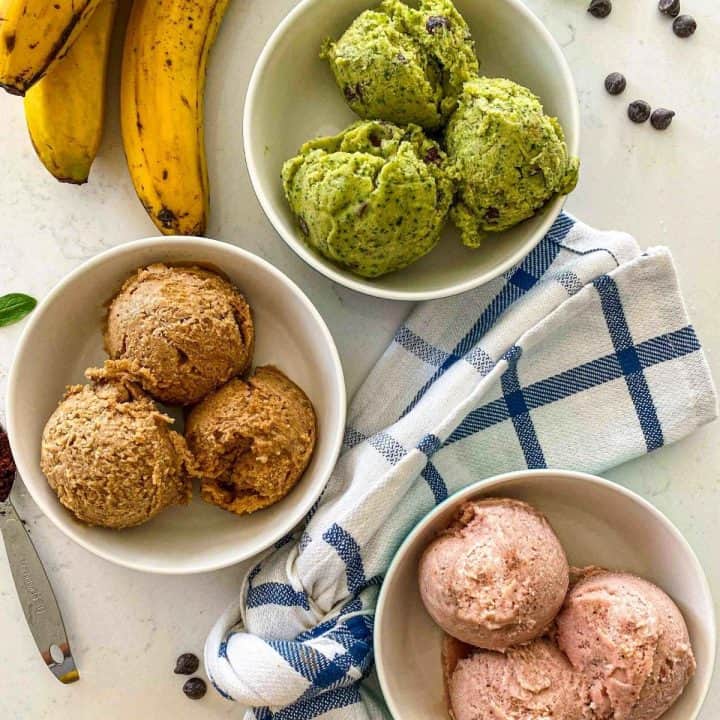 Three bowls of vegan ice cream with 3 scoops in each bowl.