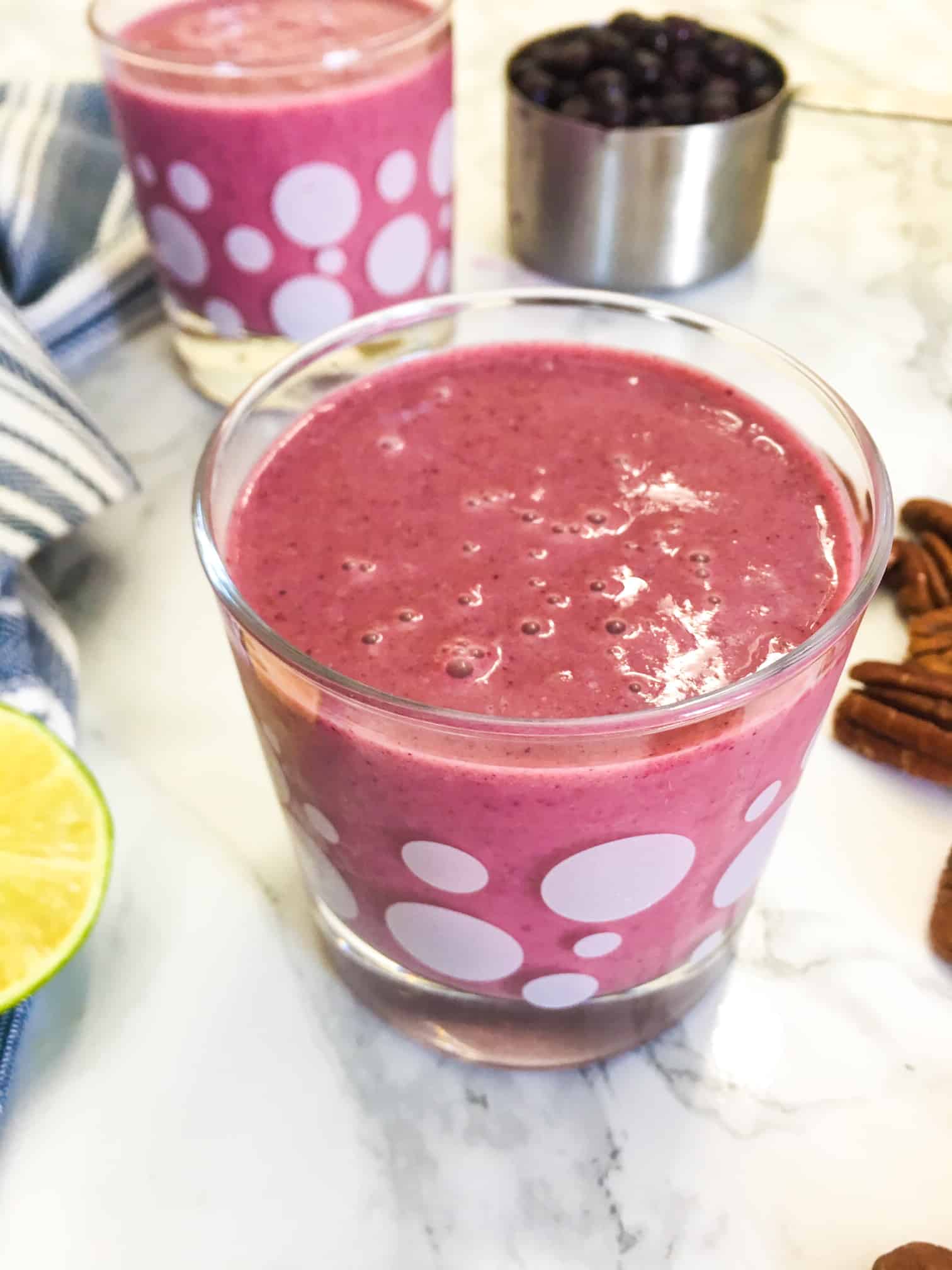 pink smoothie in clear glass