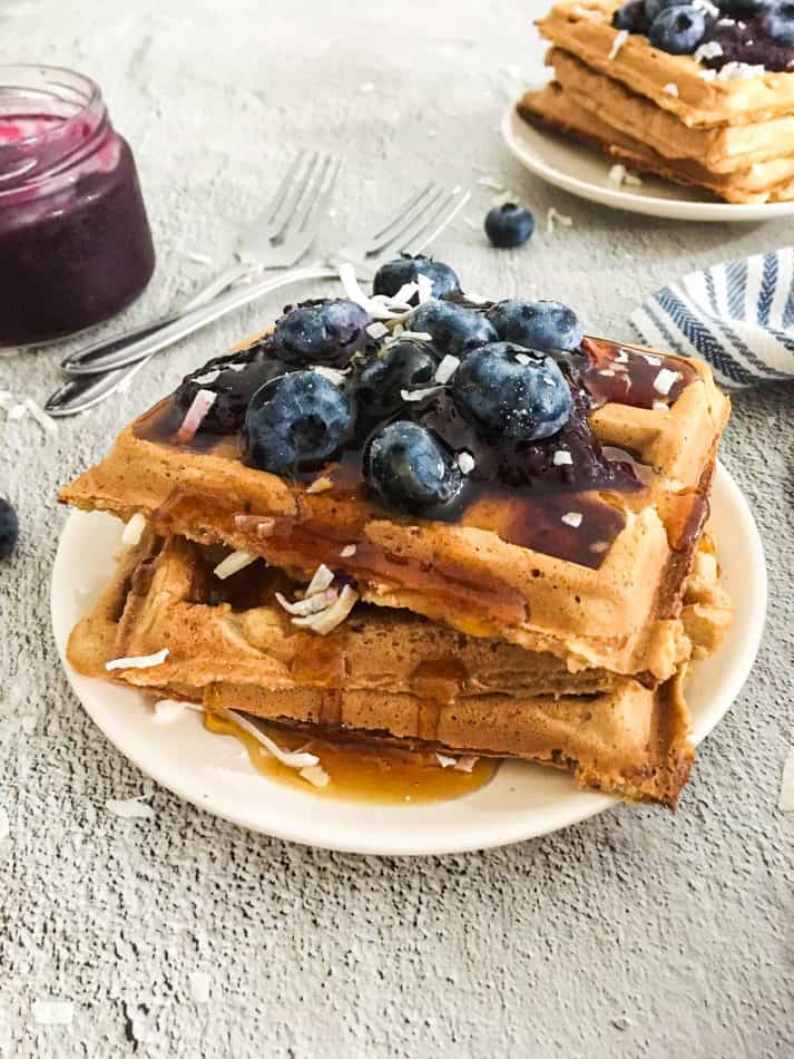 coconut waffles with blueberry garnish