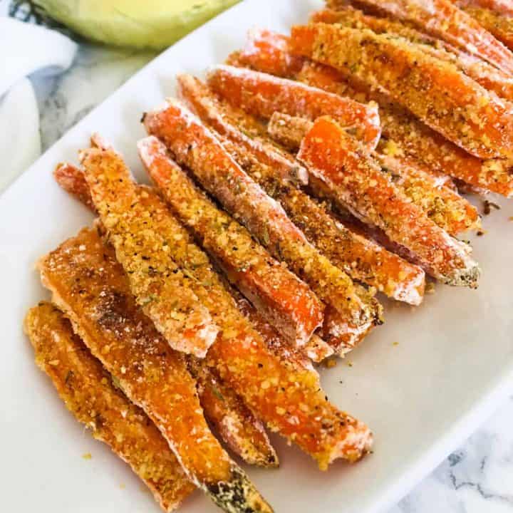 carrot fries on white serving platter