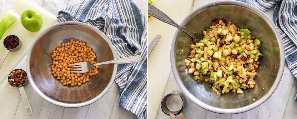 chickpeas in bowl with fork on left and chickpea salad on right