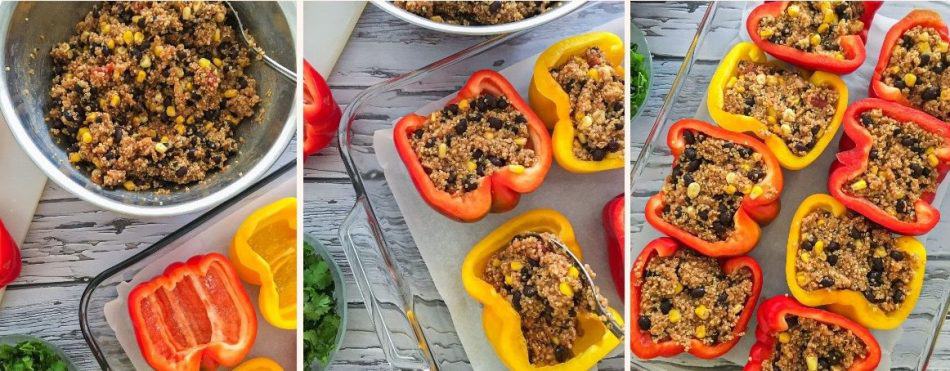 stuffing peppers with quinoa, black beans, corn and salsa