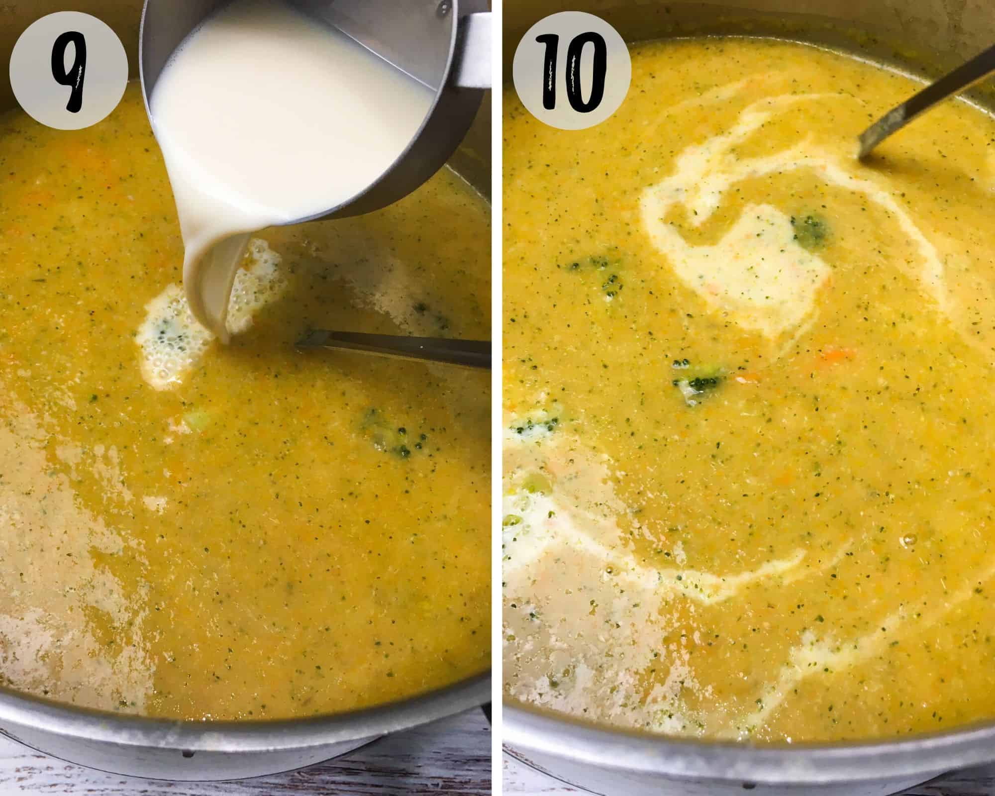 pouring milk into large pot of soup