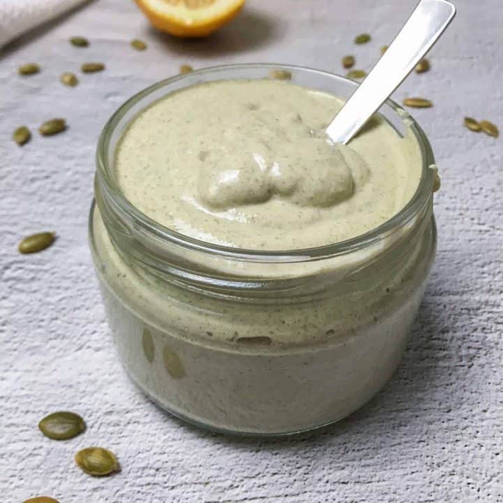 vegan mayo in jar with spoon inside