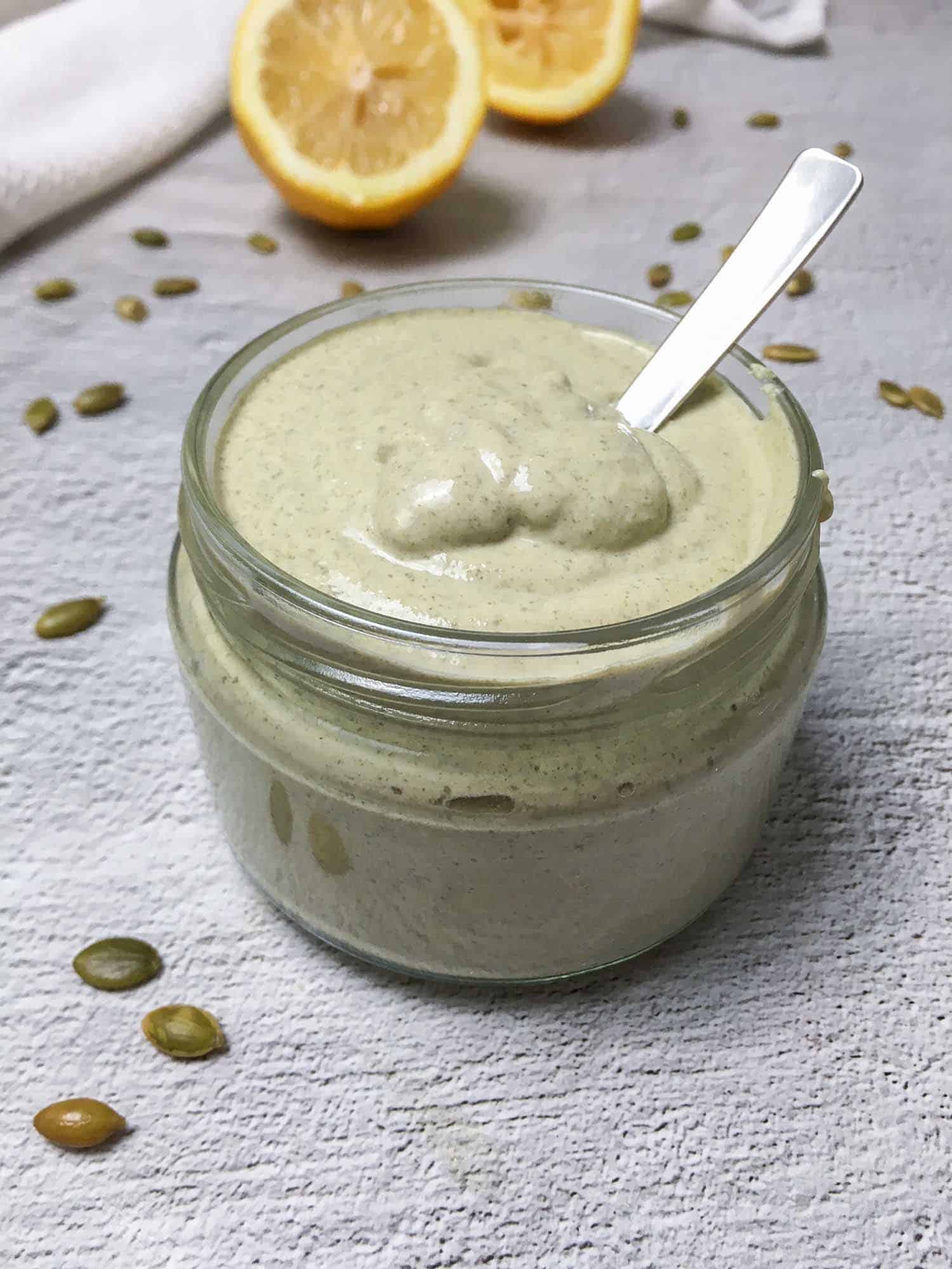vegan mayo in jar with spoon inside