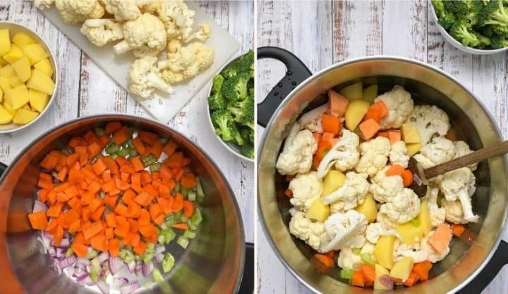 pot of carrots, cauliflower, potatoes, onion, celery to make soup