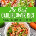 asian cauliflower rice stir fry PIN image with text overlay.