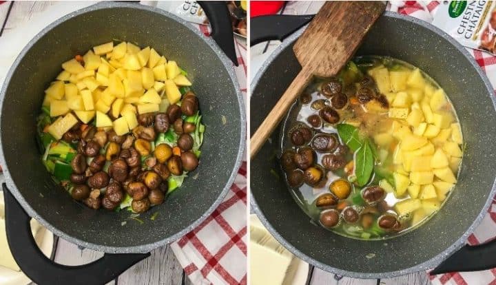 pot with chestnuts, potatoes, broth, bay leaves