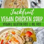 vegan chicken soup PIN with text overlay.