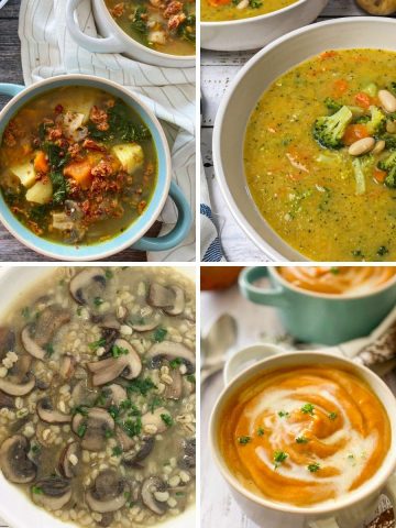 Collage of vegan soup recipes: zuppa toscana, broccoli soup, mushroom, sweet potato.