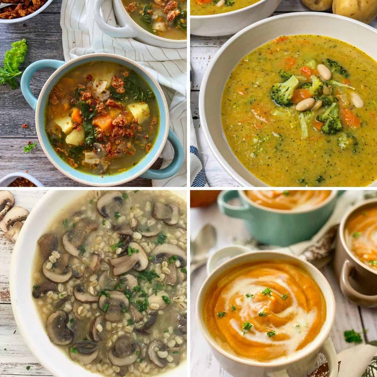 Collage of vegan soup recipes: zuppa toscana, broccoli soup, mushroom, sweet potato.