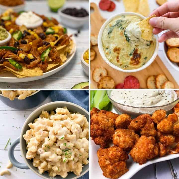 Collage of vegan superbowl food: nachos, dip, mac and cheese, cauliflower wings.