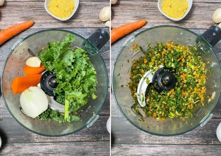 food processor with finely chopped kale, carrot, onion and garlic