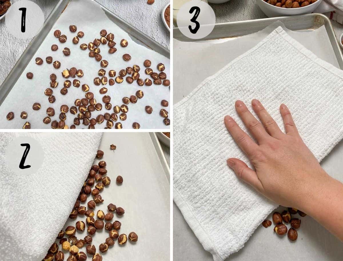 dish towel over roasted hazelnuts to remove skin