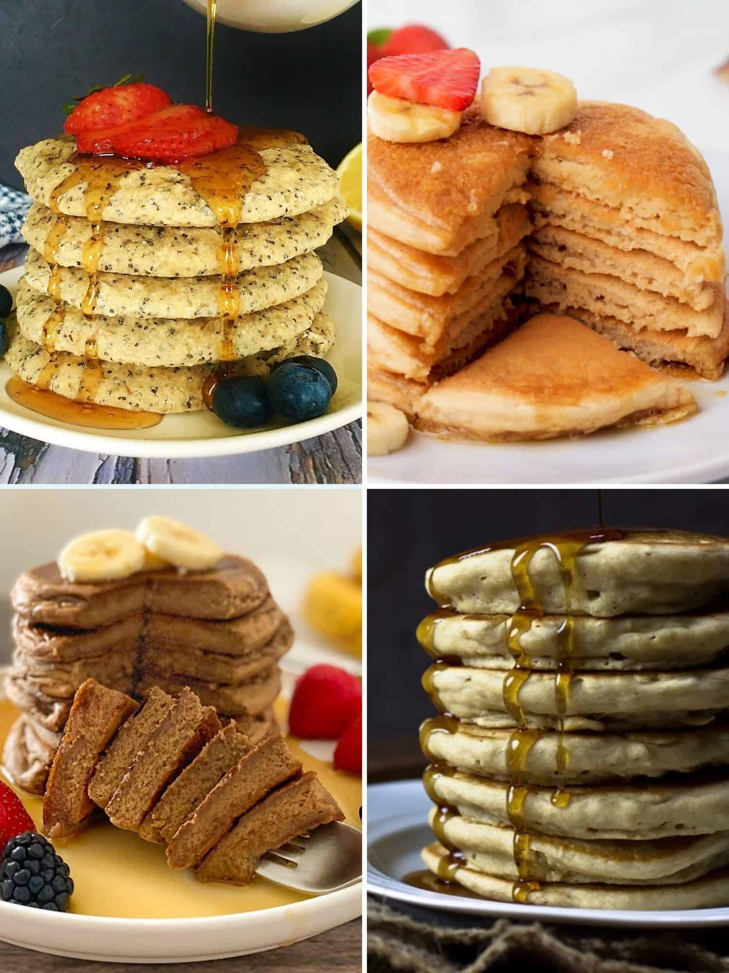 Collage of pancake stacks with syrup dripping down sides.