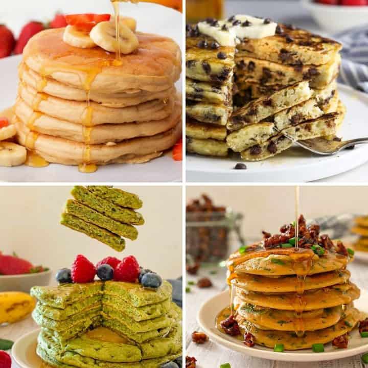 Collage of pancake stacks with syrup dripping down sides.