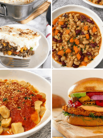 collage of 4 recipes: shepherd's pie, pasta and beans, gnocchi, and a vegan burger