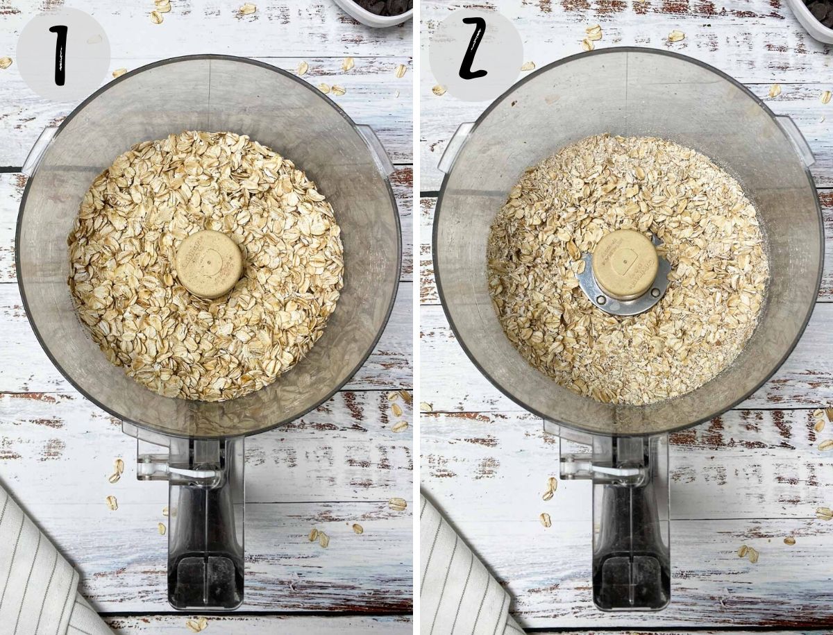 food processor filled with rolled oats being processed/broken down