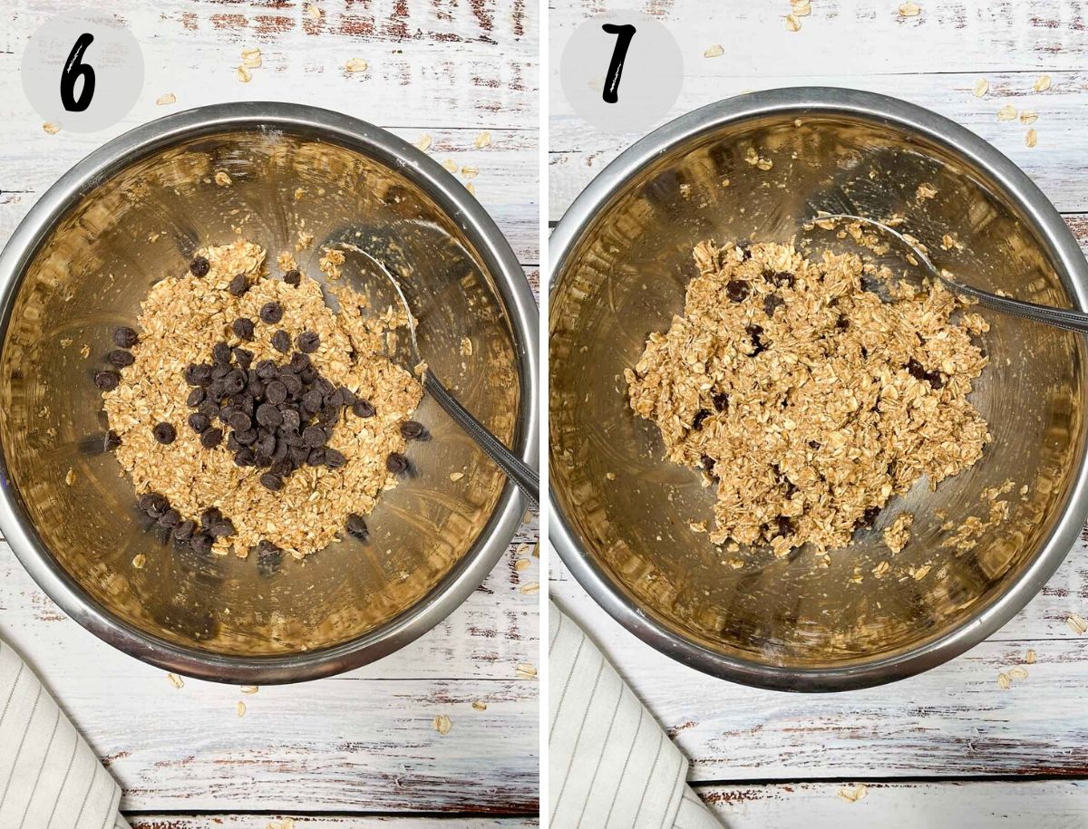 oatmeal cookie batter with chocolate chips in large mixing bowl