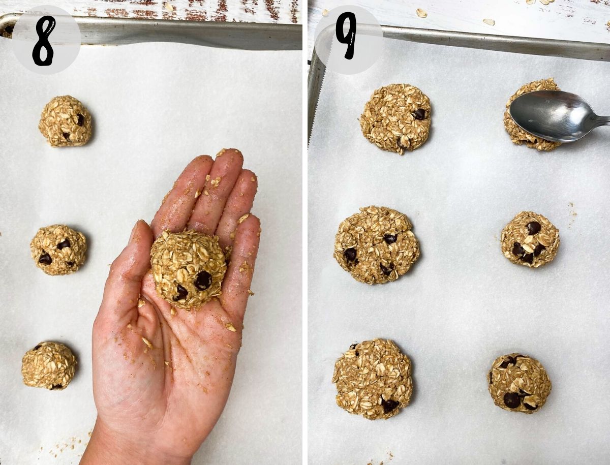 ball of cookie dough in hand and pressing them down with spoon onto baking sheet