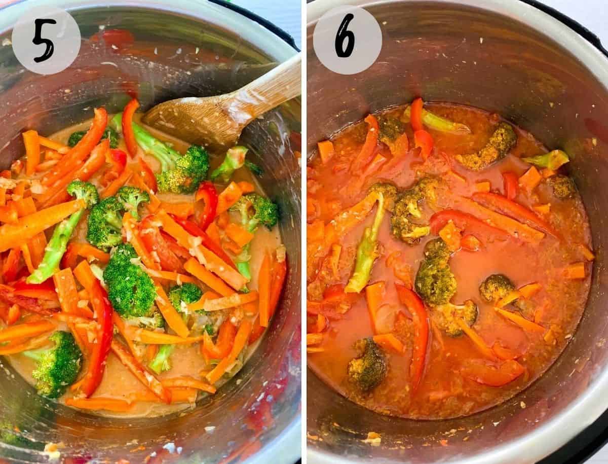 Instant Pot with broccoli, peppers and thai red curry sauce.