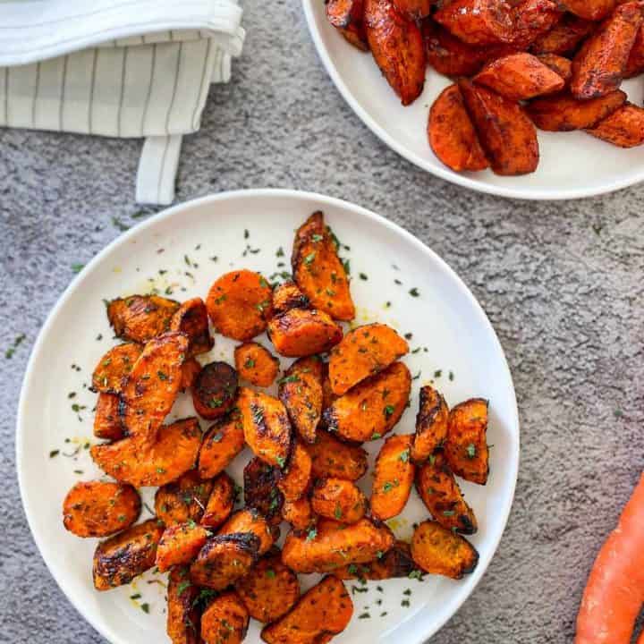 white plate filled with air fried carrots